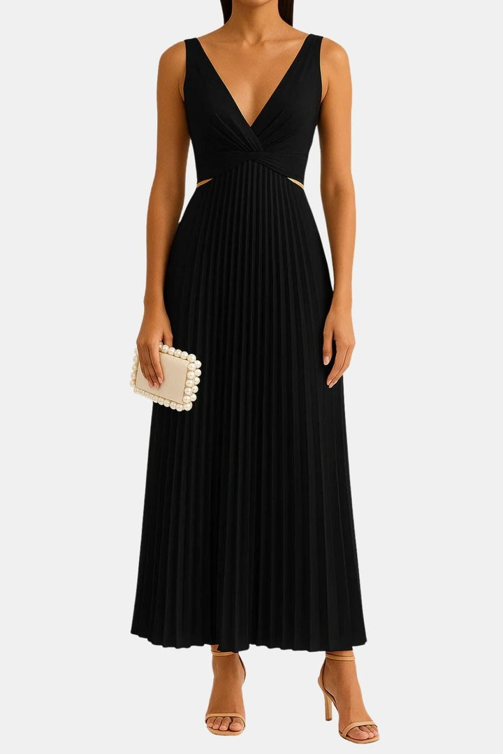 Zoe | V Neck Crossover Waist Cutout Pleated Midi Dress