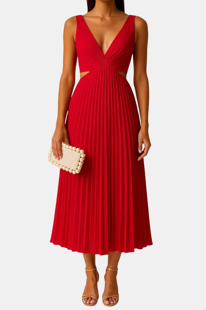 Zoe | V Neck Crossover Waist Cutout Pleated Midi Dress