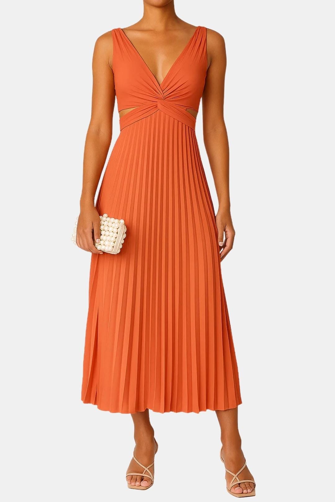 Zoe | V Neck Crossover Waist Cutout Pleated Midi Dress