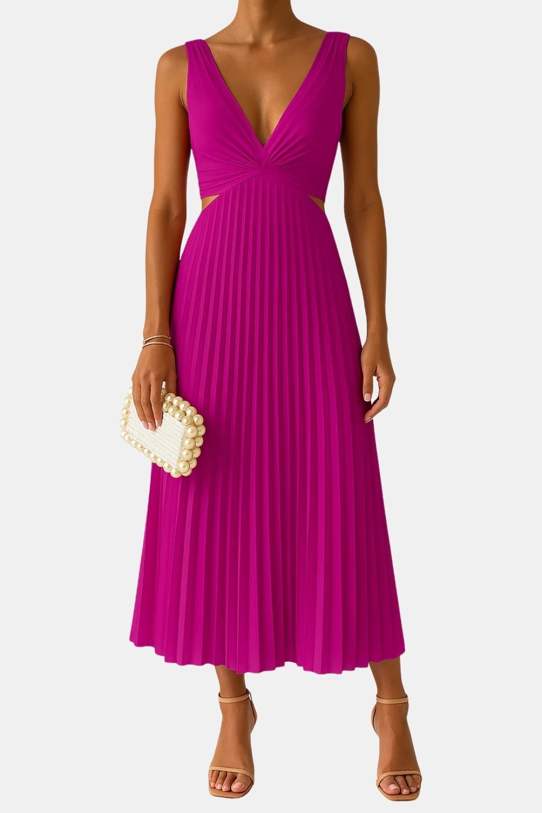 Zoe | V Neck Crossover Waist Cutout Pleated Midi Dress