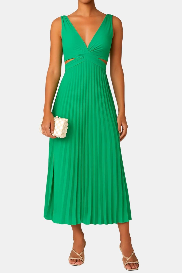 Zoe | V Neck Crossover Waist Cutout Pleated Midi Dress