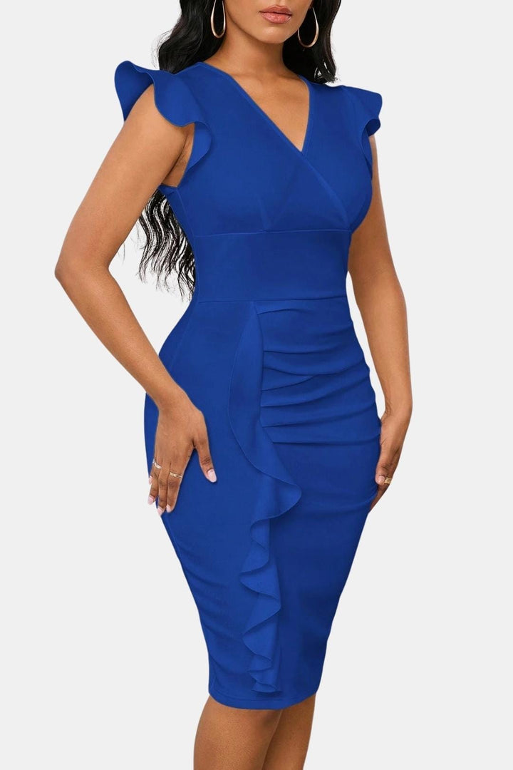 Fiona | V Neck Ruffle Sleeve Ruched Bodycon Cocktail Midi Dress