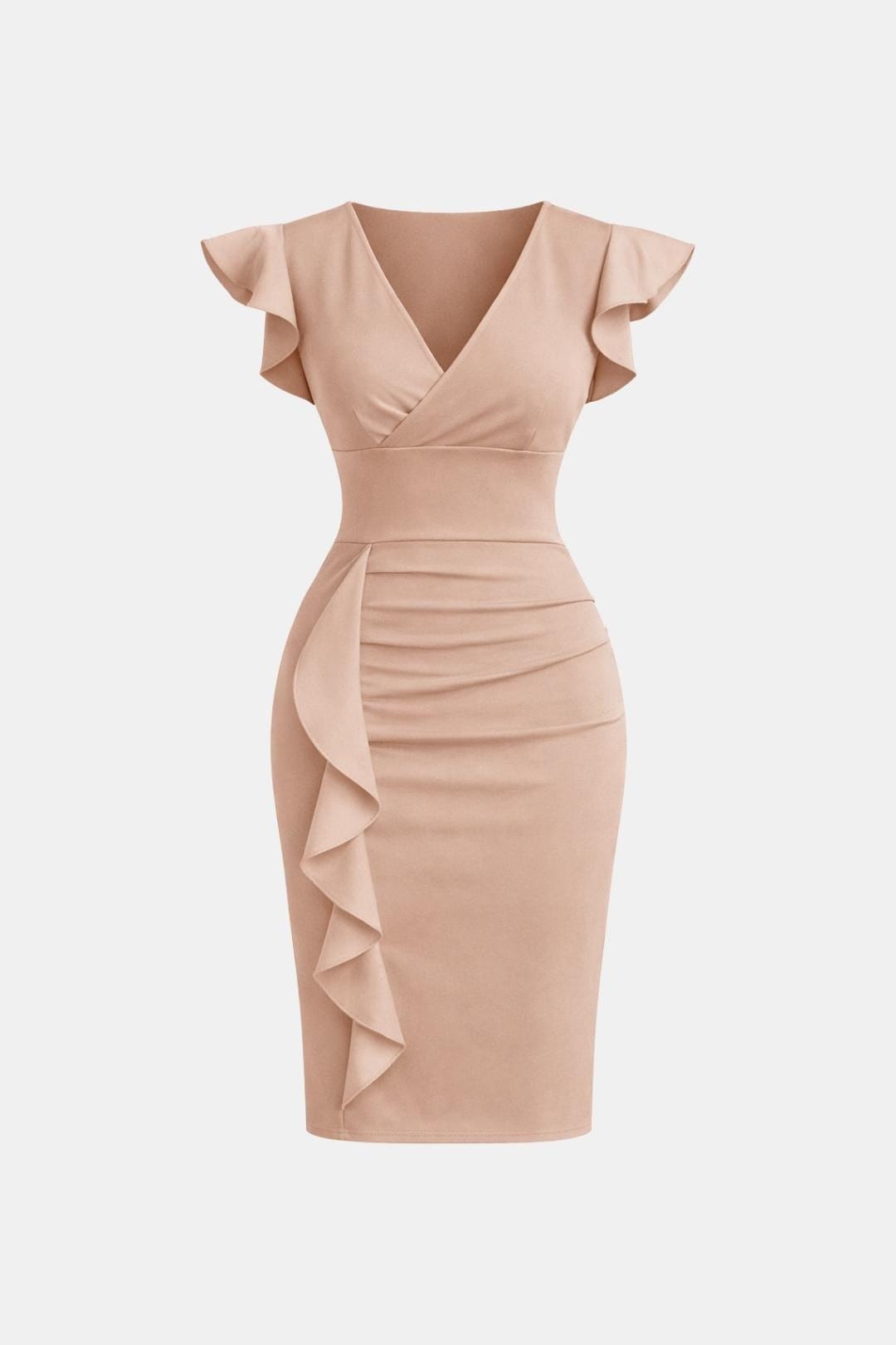 Fiona | V Neck Ruffle Sleeve Ruched Bodycon Cocktail Midi Dress