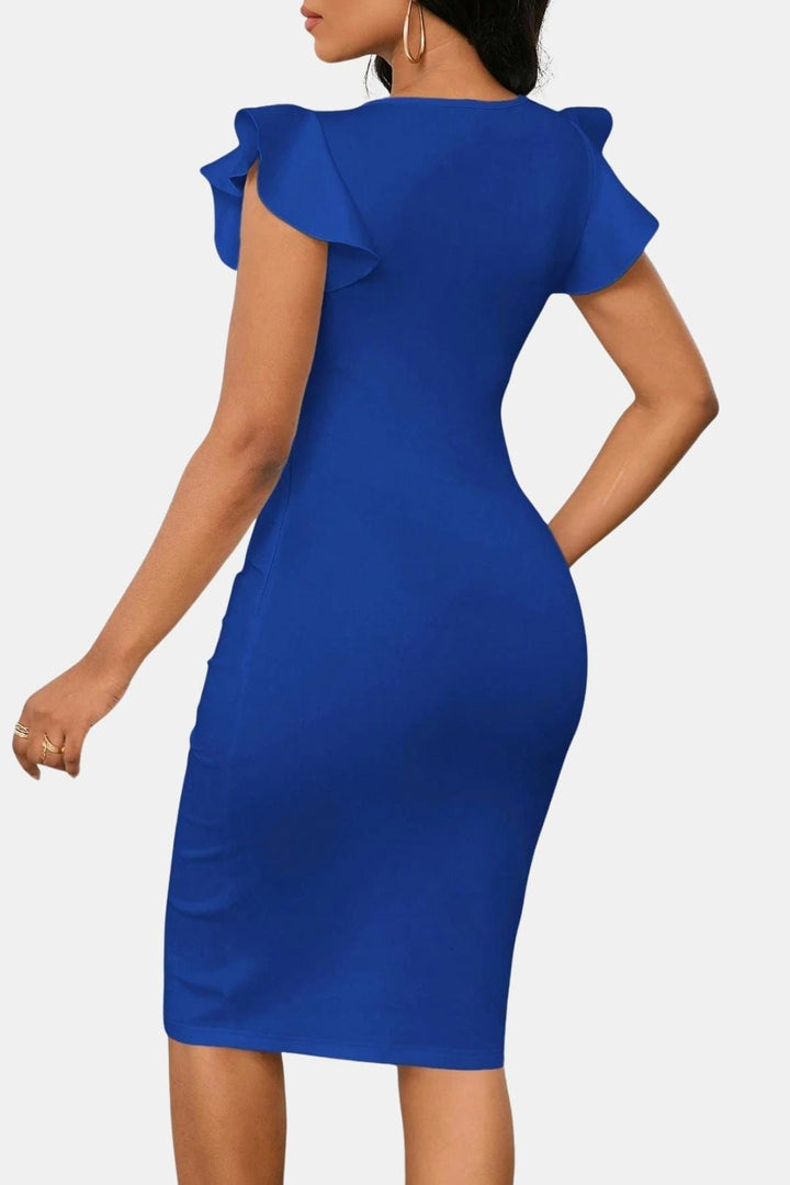 Fiona | V Neck Ruffle Sleeve Ruched Bodycon Cocktail Midi Dress