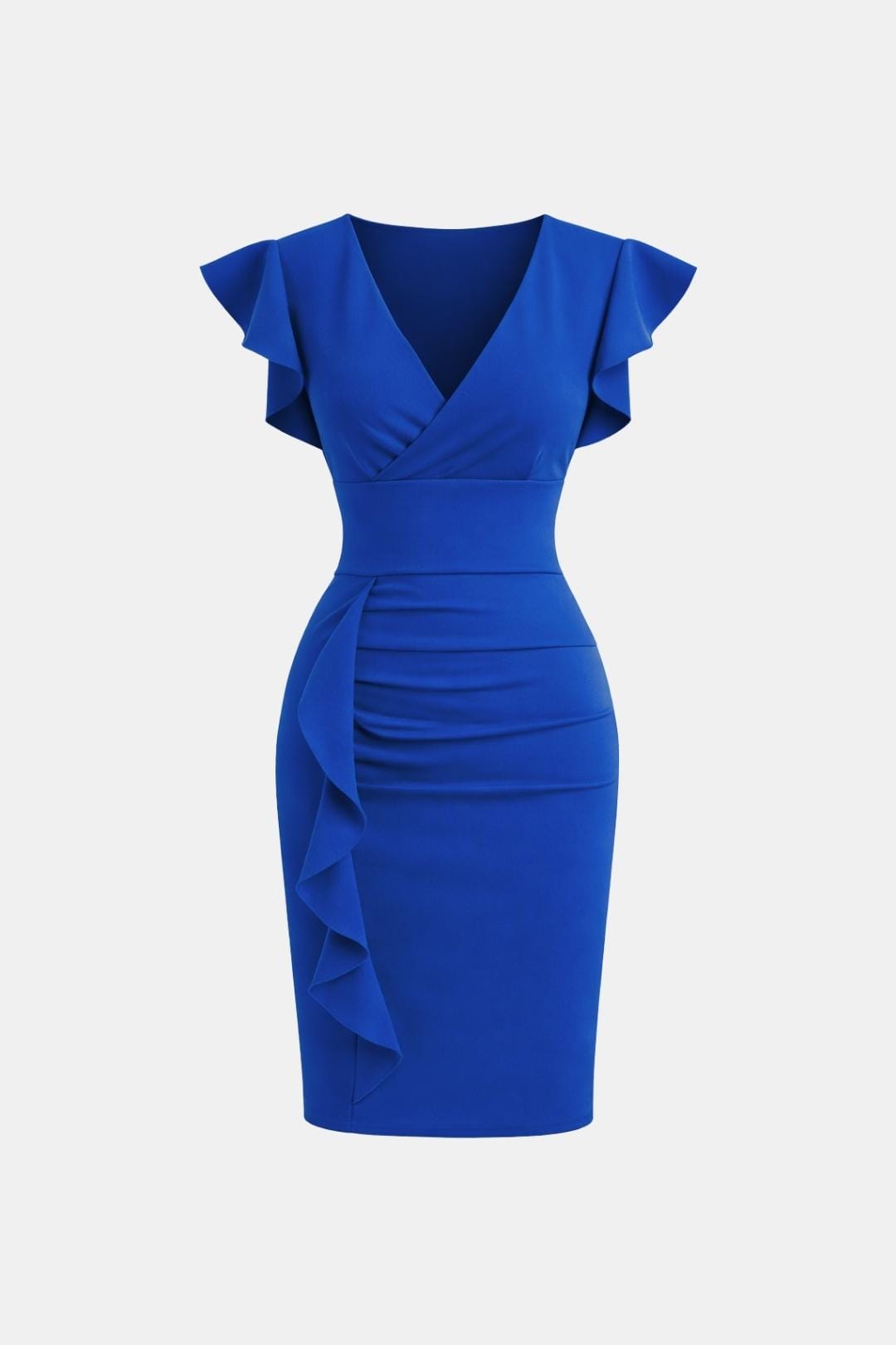 Fiona | V Neck Ruffle Sleeve Ruched Bodycon Cocktail Midi Dress