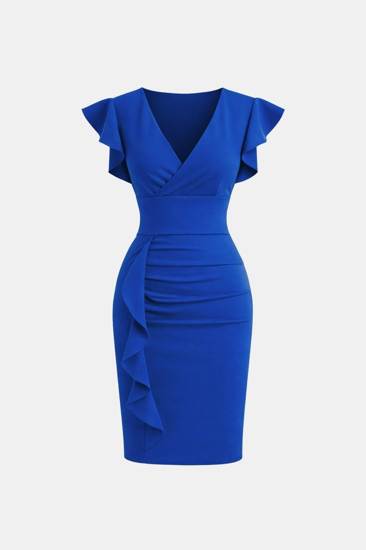 Fiona | V Neck Ruffle Sleeve Ruched Bodycon Cocktail Midi Dress