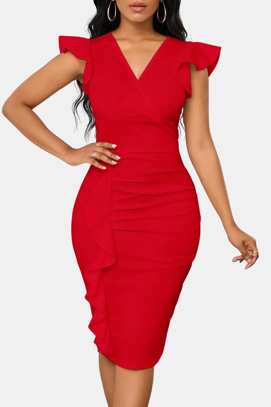 Fiona | V Neck Ruffle Sleeve Ruched Bodycon Cocktail Midi Dress