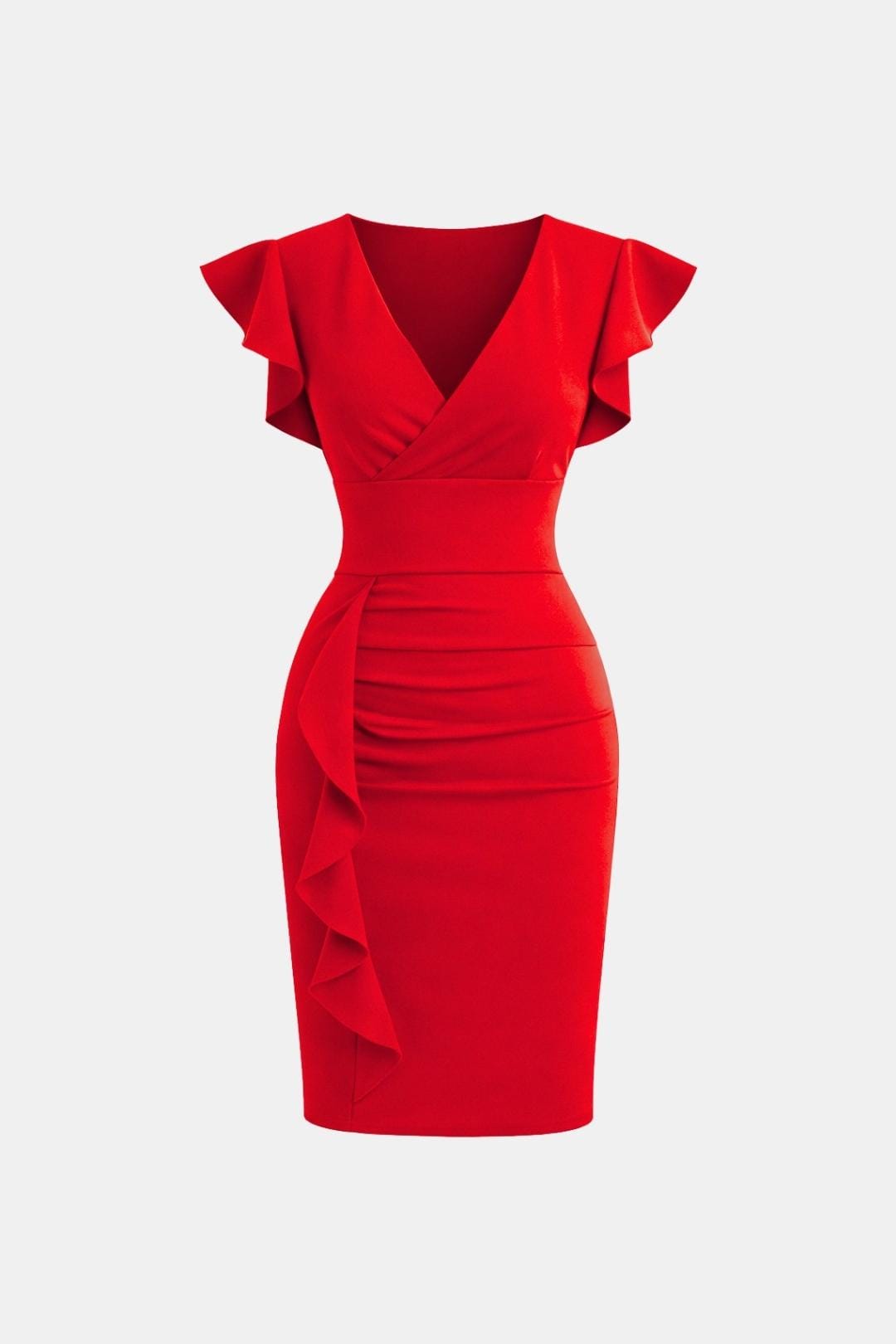 Fiona | V Neck Ruffle Sleeve Ruched Bodycon Cocktail Midi Dress