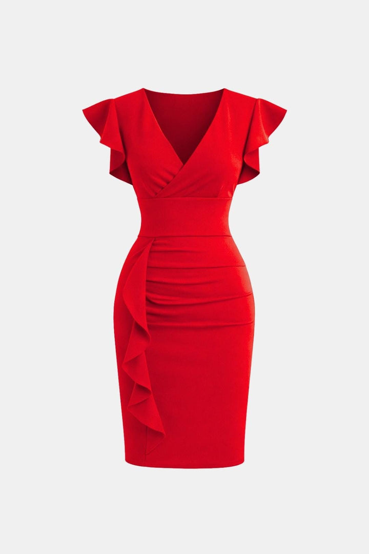 Fiona | V Neck Ruffle Sleeve Ruched Bodycon Cocktail Midi Dress