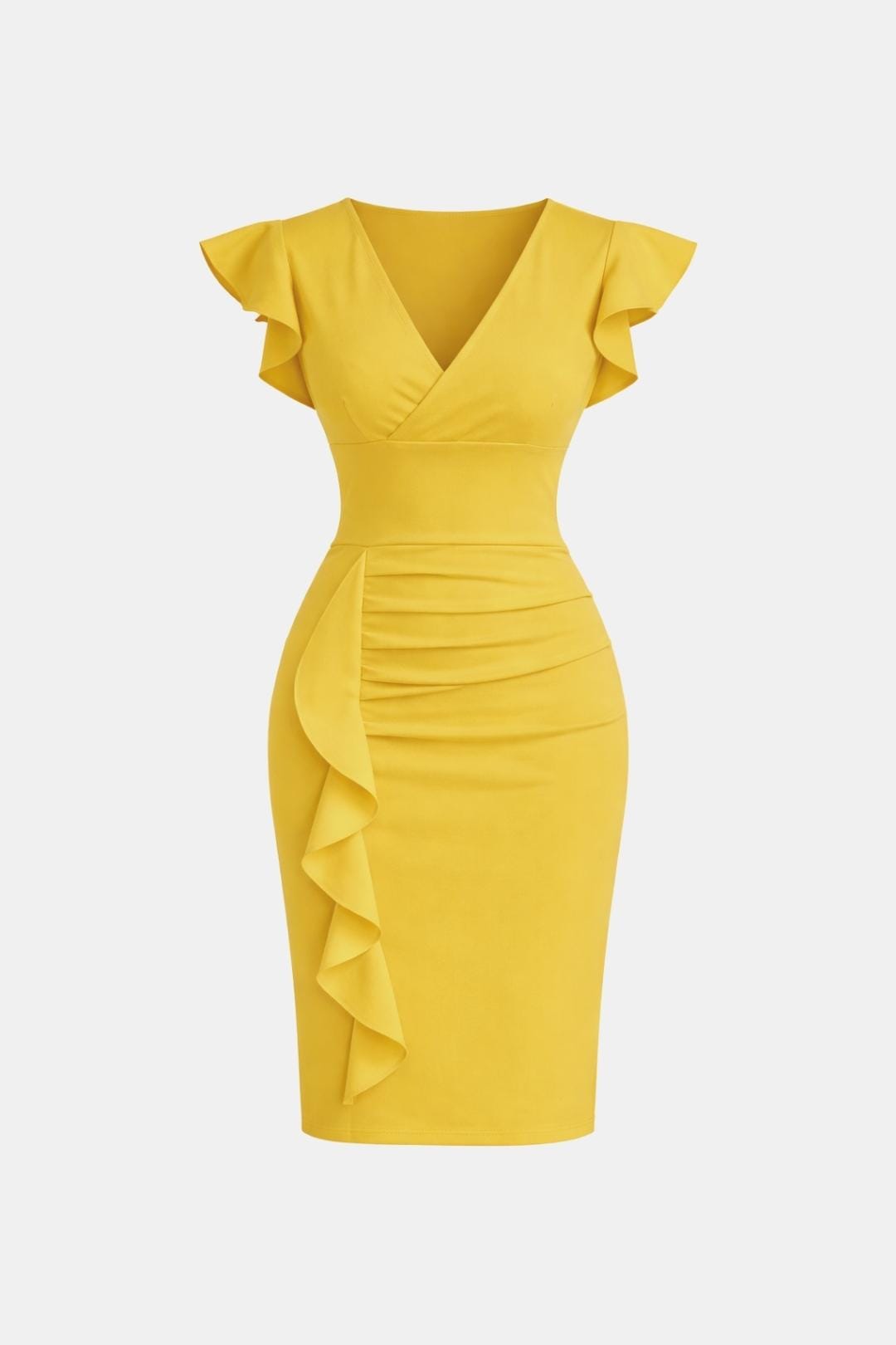 Fiona | V Neck Ruffle Sleeve Ruched Bodycon Cocktail Midi Dress