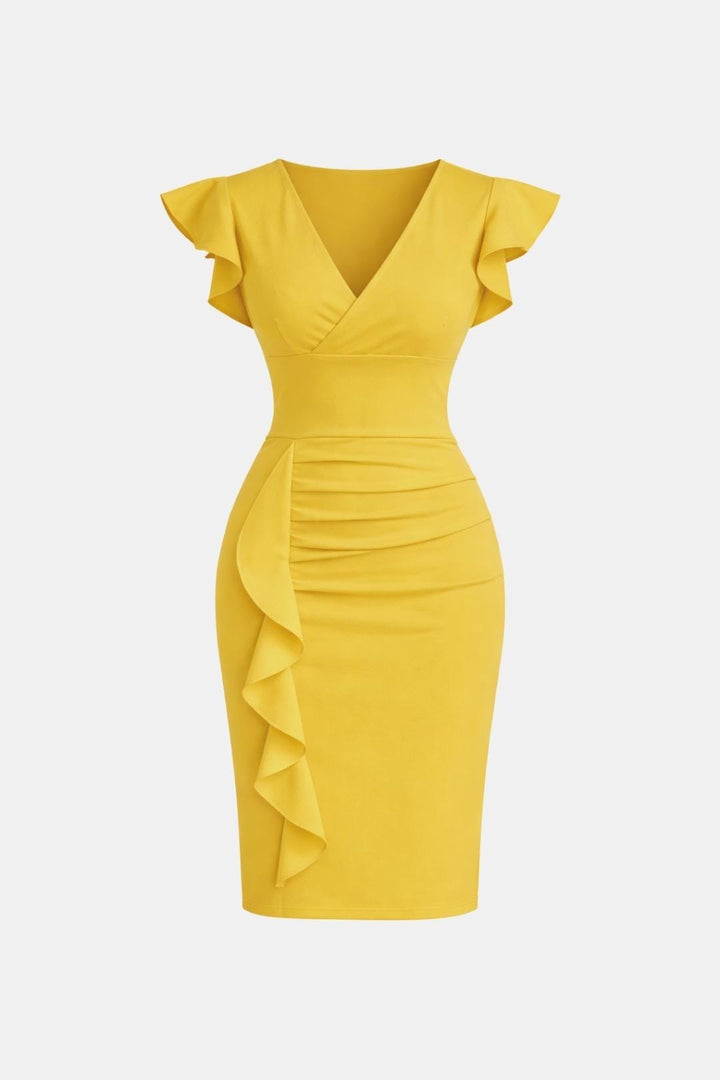 Fiona | V Neck Ruffle Sleeve Ruched Bodycon Cocktail Midi Dress