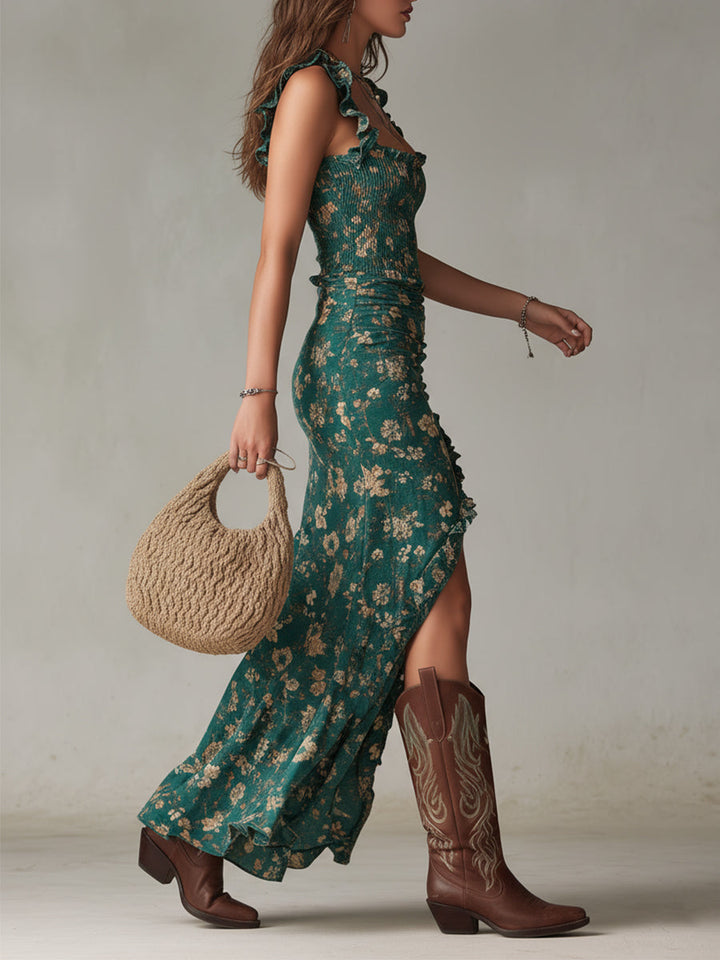 Kendall | Floral Smocked Ruffle Strap Slit Maxi Dress