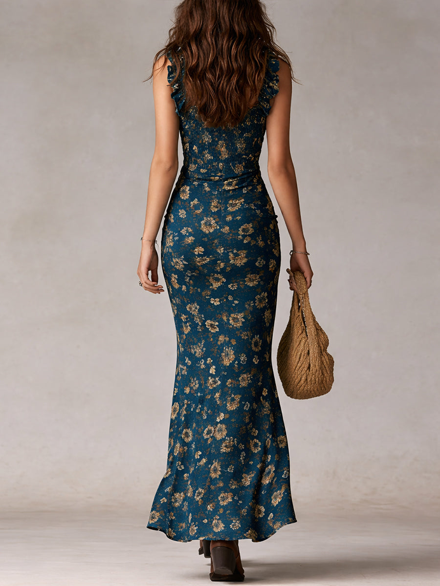 Kendall | Floral Smocked Ruffle Strap Slit Maxi Dress