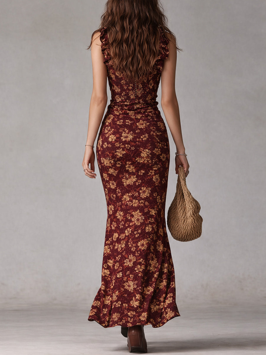 Kendall | Floral Smocked Ruffle Strap Slit Maxi Dress