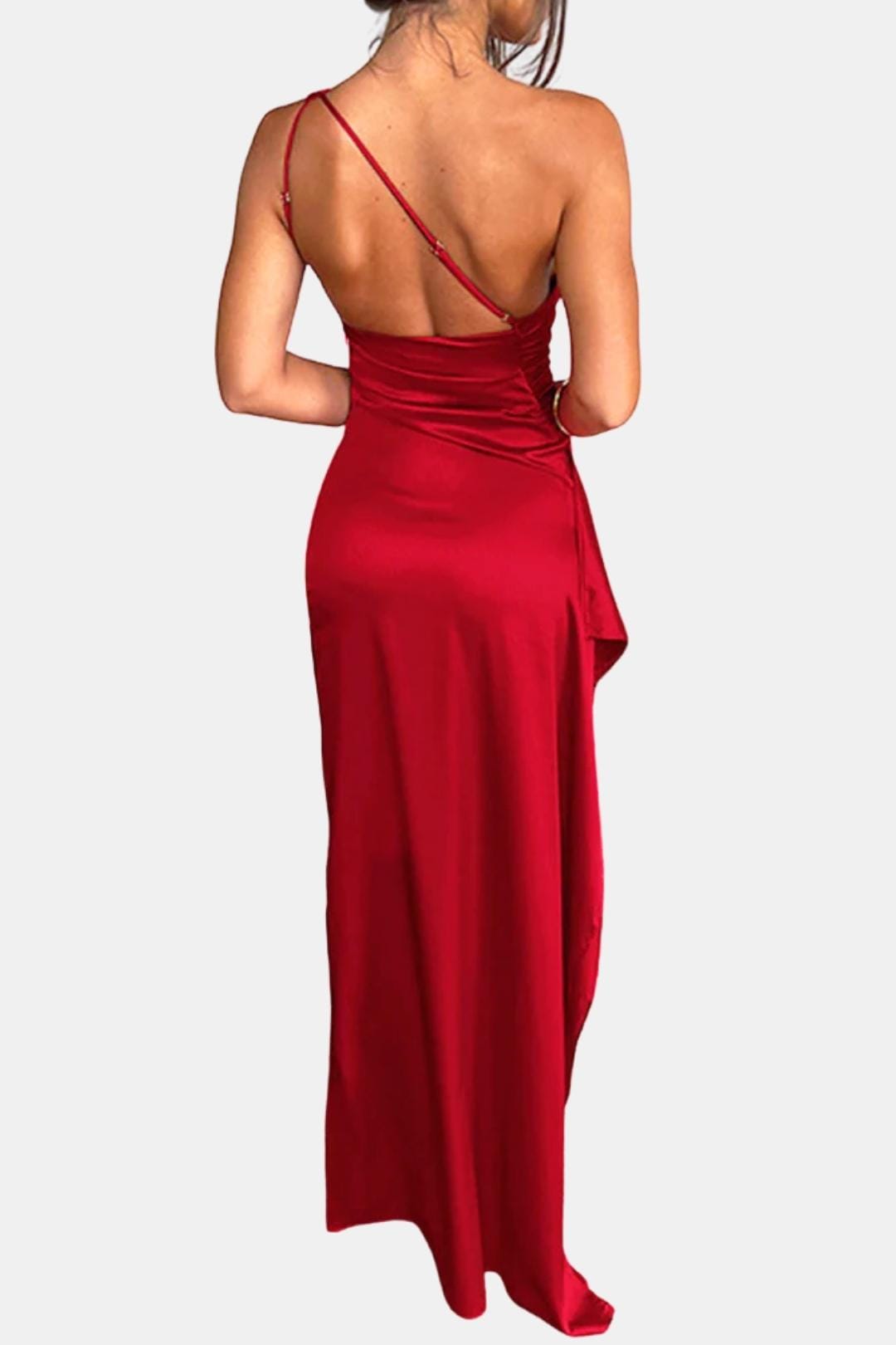 Wren | One Shoulder Ruched Satin High Slit Cocktail Maxi Dress