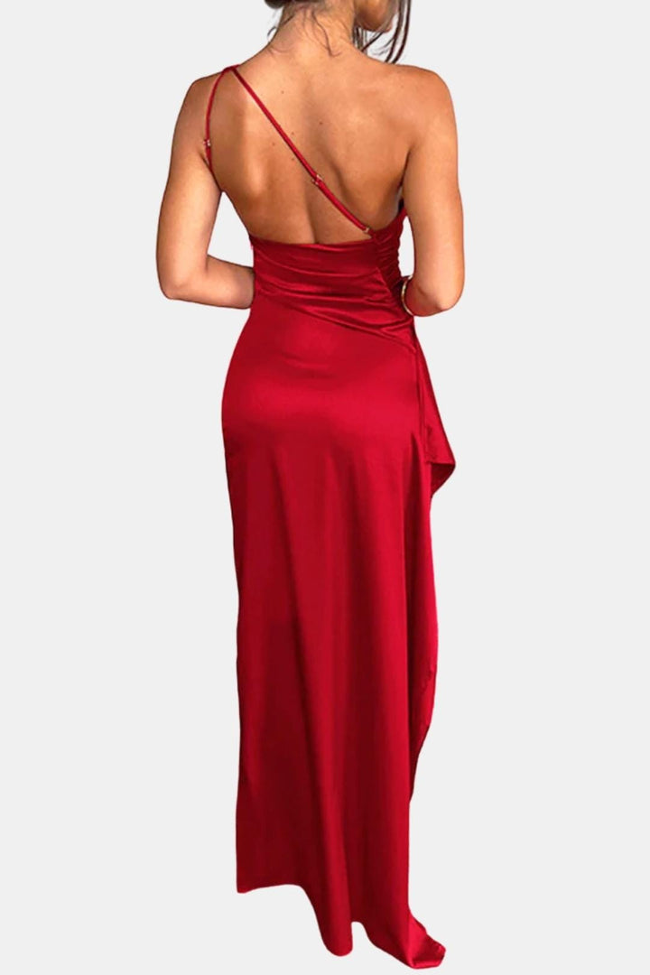 Wren | One Shoulder Ruched Satin High Slit Cocktail Maxi Dress