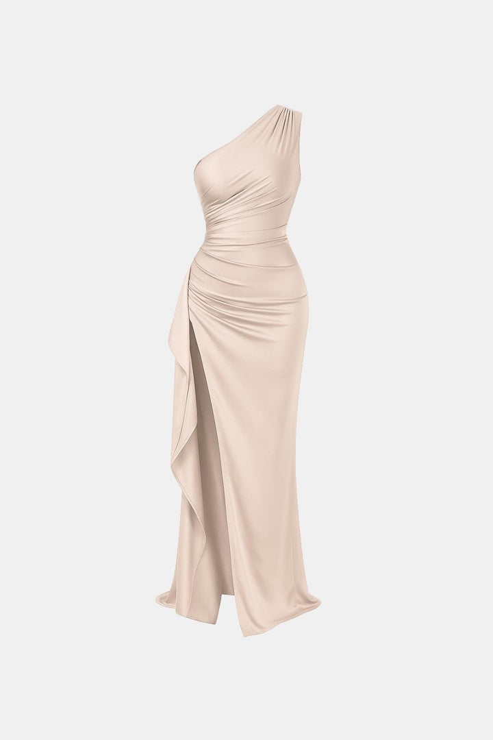 Wren | One Shoulder Ruched Satin High Slit Cocktail Maxi Dress