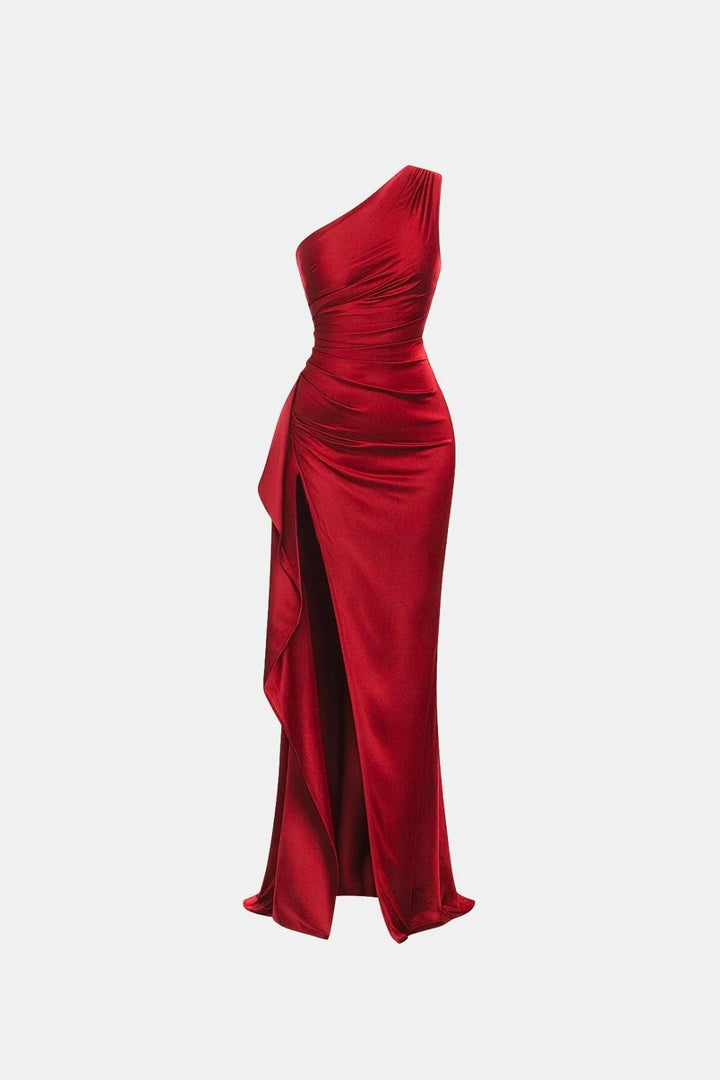 Wren | One Shoulder Ruched Satin High Slit Cocktail Maxi Dress