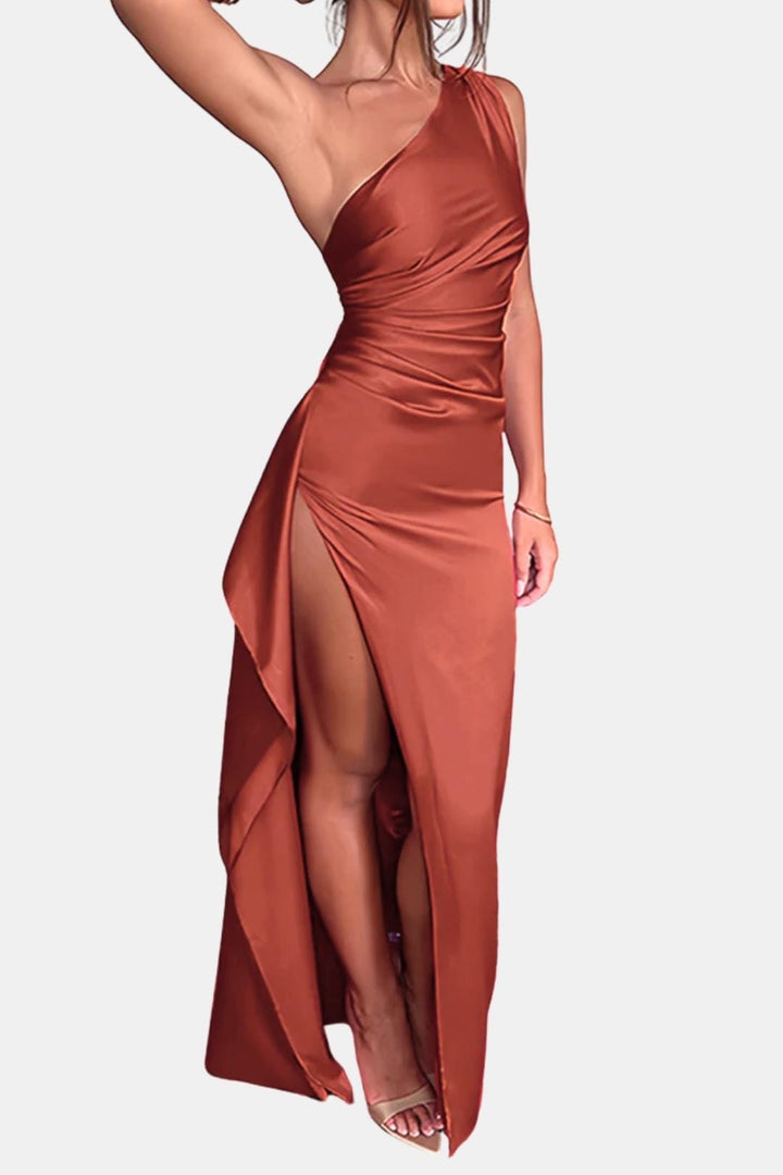 Wren | One Shoulder Ruched Satin High Slit Cocktail Maxi Dress