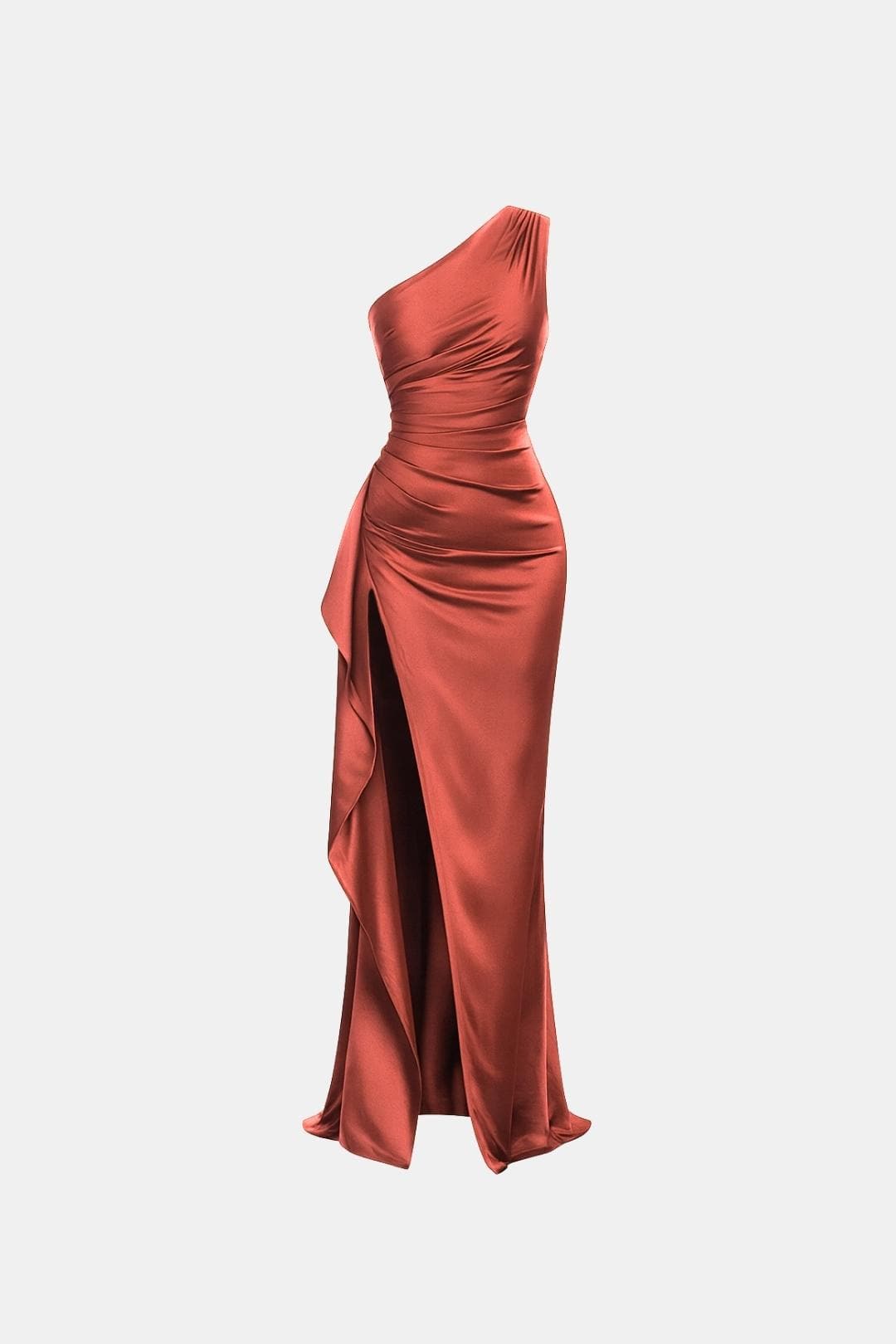 Wren | One Shoulder Ruched Satin High Slit Cocktail Maxi Dress