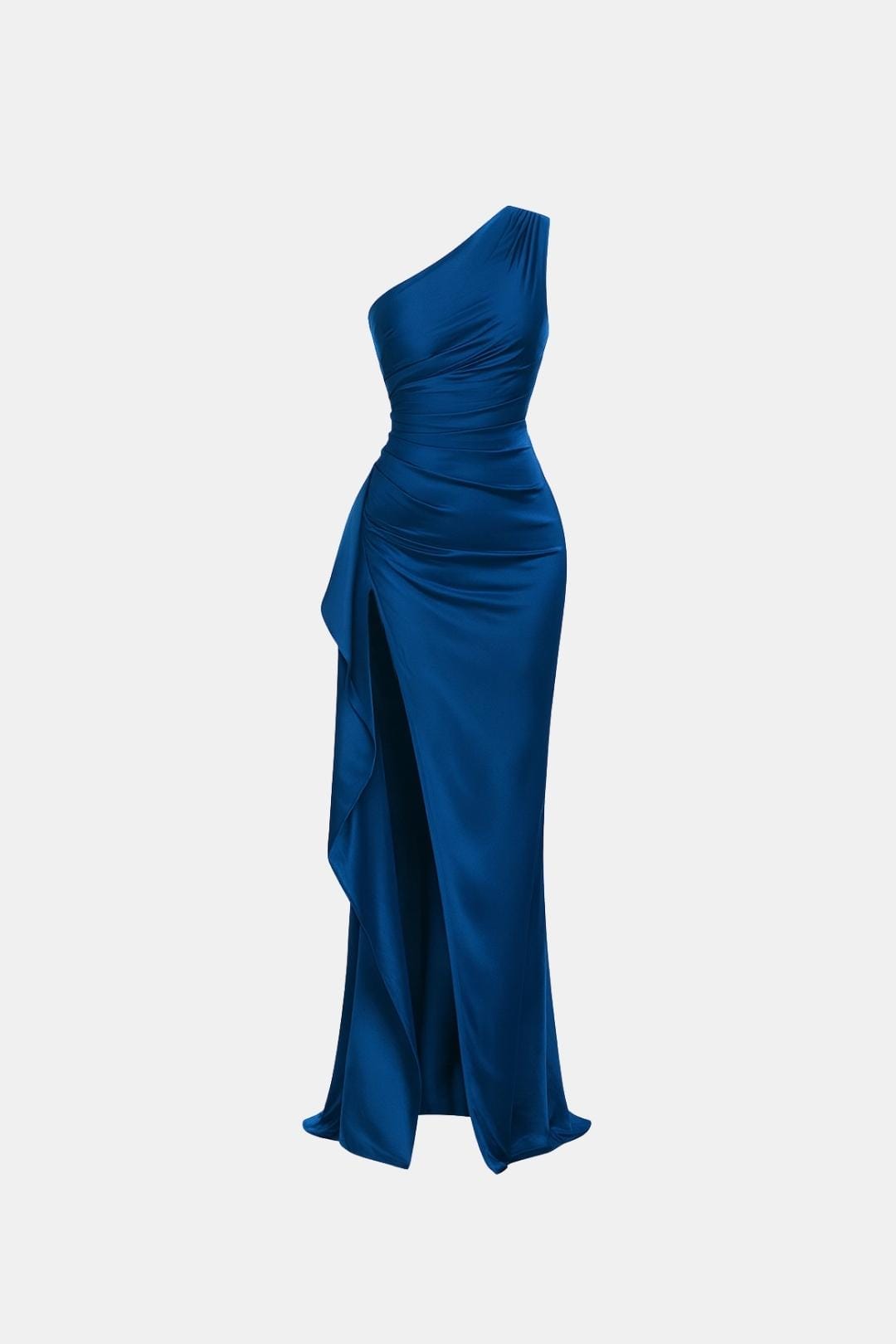 Wren | One Shoulder Ruched Satin High Slit Cocktail Maxi Dress