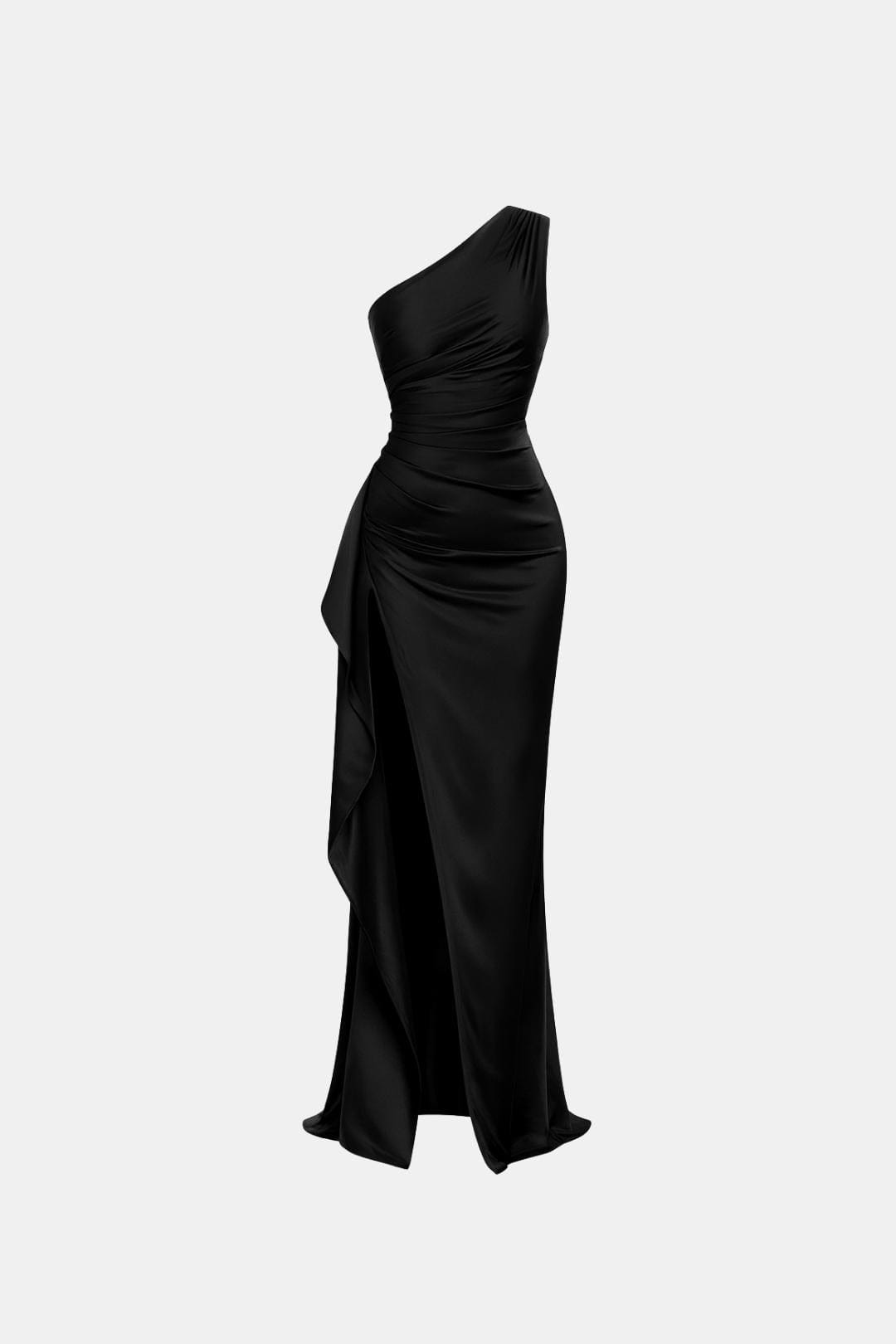 Wren | One Shoulder Ruched Satin High Slit Cocktail Maxi Dress
