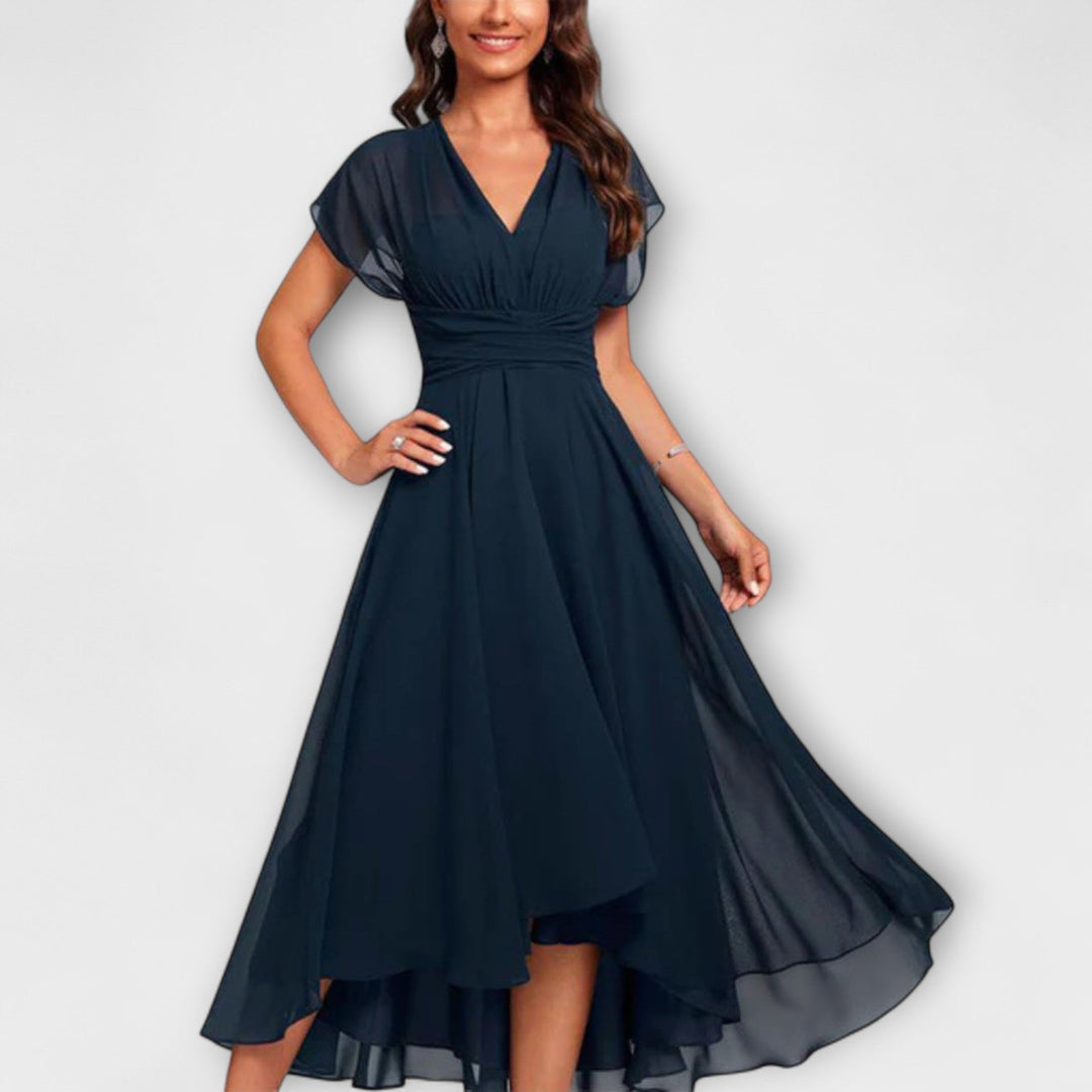Iris | Navy Blue Chiffon V Neck Flutter Sleeve A Line Maxi Dress