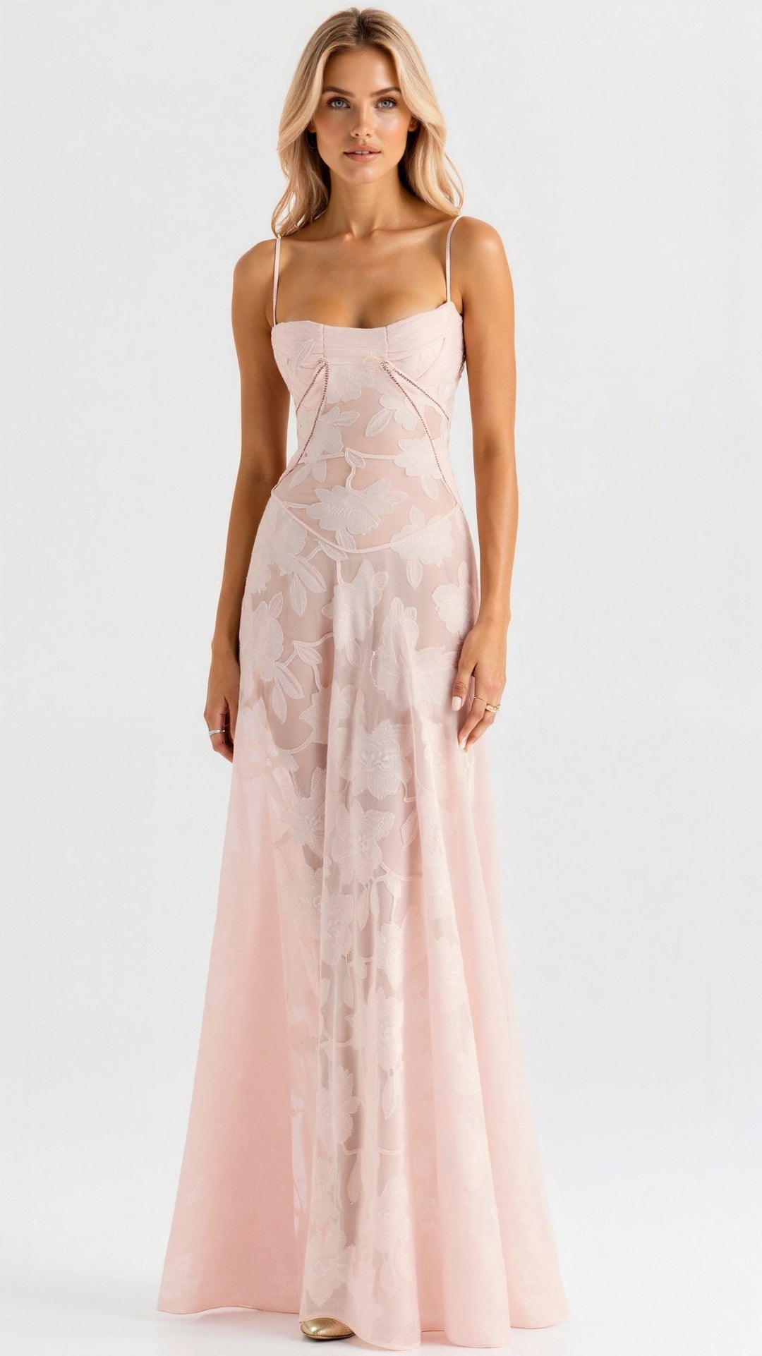Chloe | Lace Floral Bustier Spaghetti Strap Sheer Overlay Maxi Dress