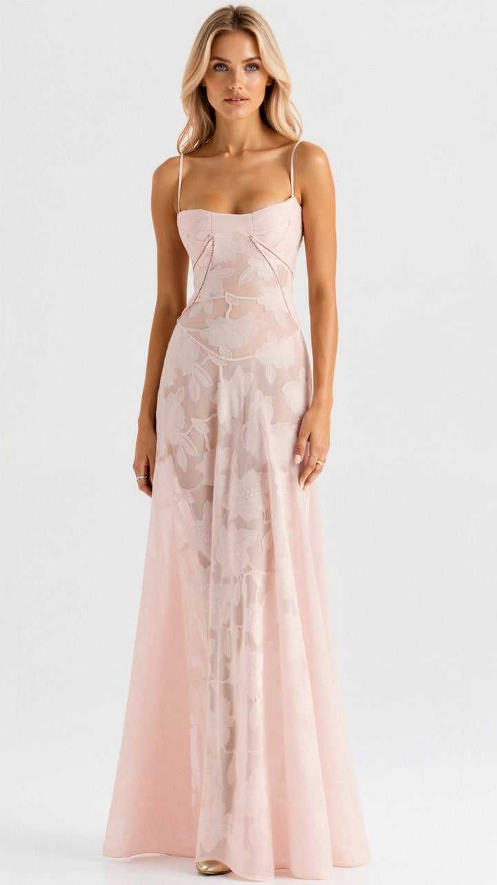 Chloe | Lace Floral Bustier Spaghetti Strap Sheer Overlay Maxi Dress