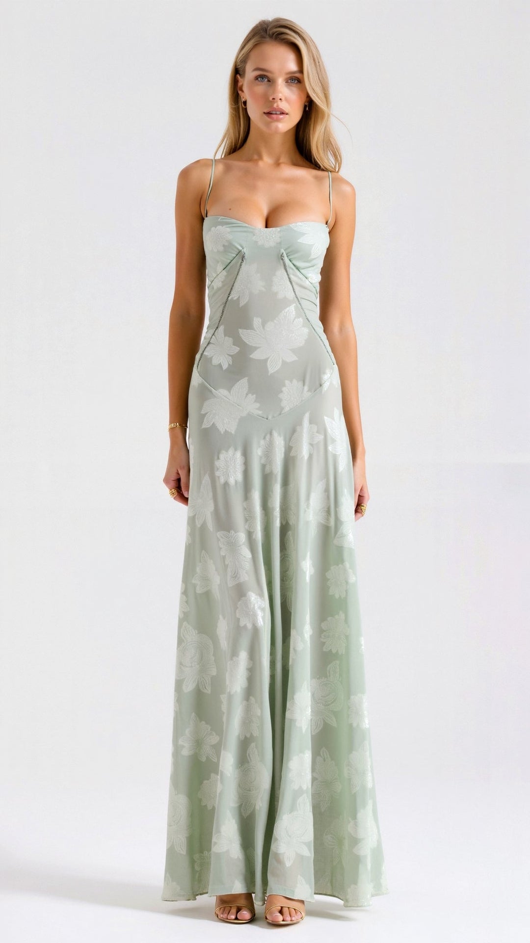 Chloe | Lace Floral Bustier Spaghetti Strap Sheer Overlay Maxi Dress