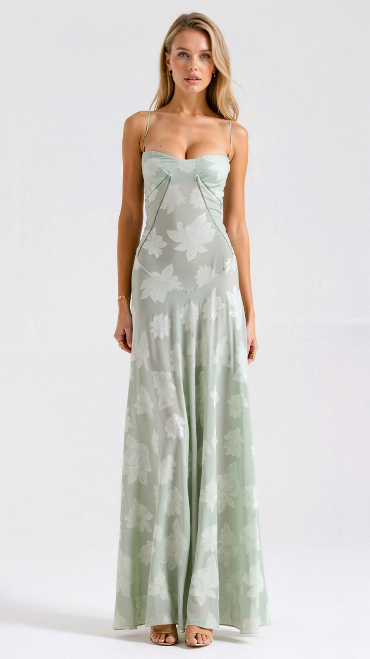 Chloe | Lace Floral Bustier Spaghetti Strap Sheer Overlay Maxi Dress