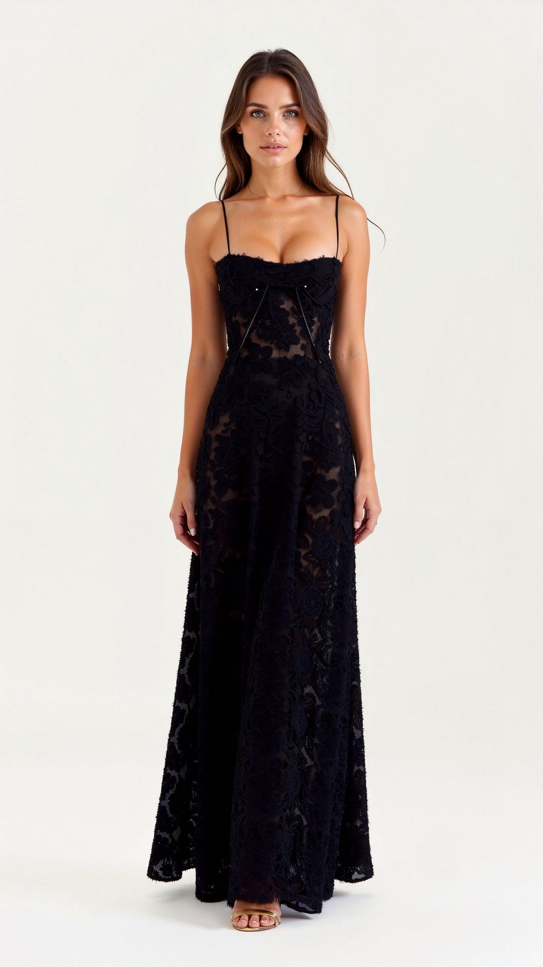 Chloe | Lace Floral Bustier Spaghetti Strap Sheer Overlay Maxi Dress