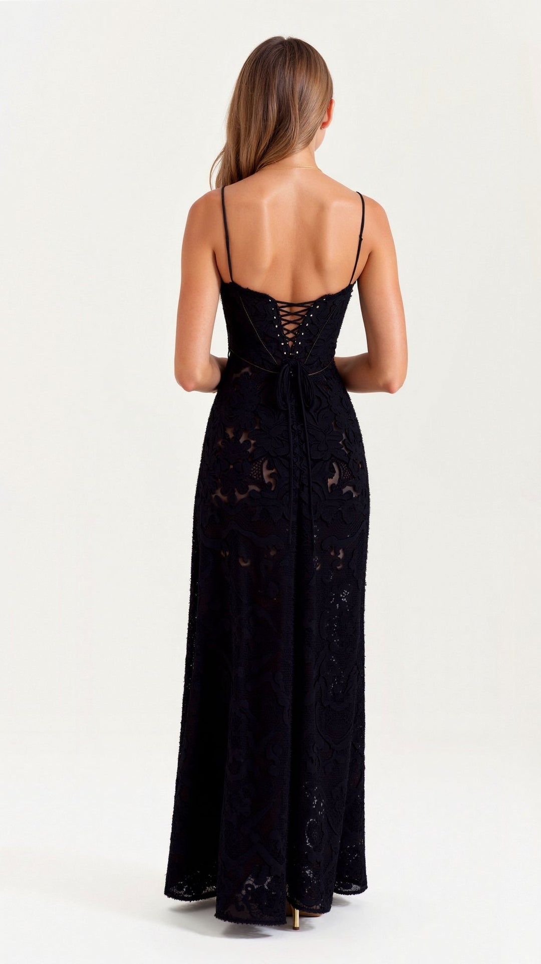 Chloe | Lace Floral Bustier Spaghetti Strap Sheer Overlay Maxi Dress