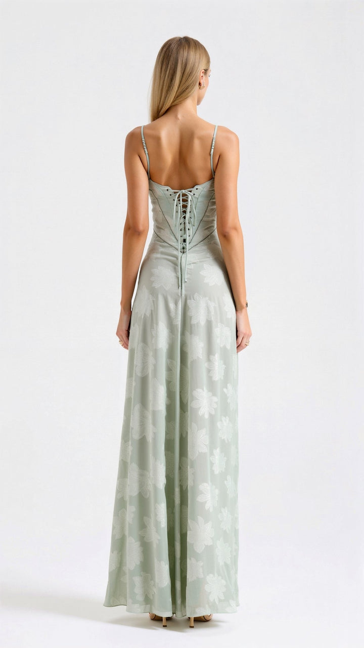 Chloe | Lace Floral Bustier Spaghetti Strap Sheer Overlay Maxi Dress