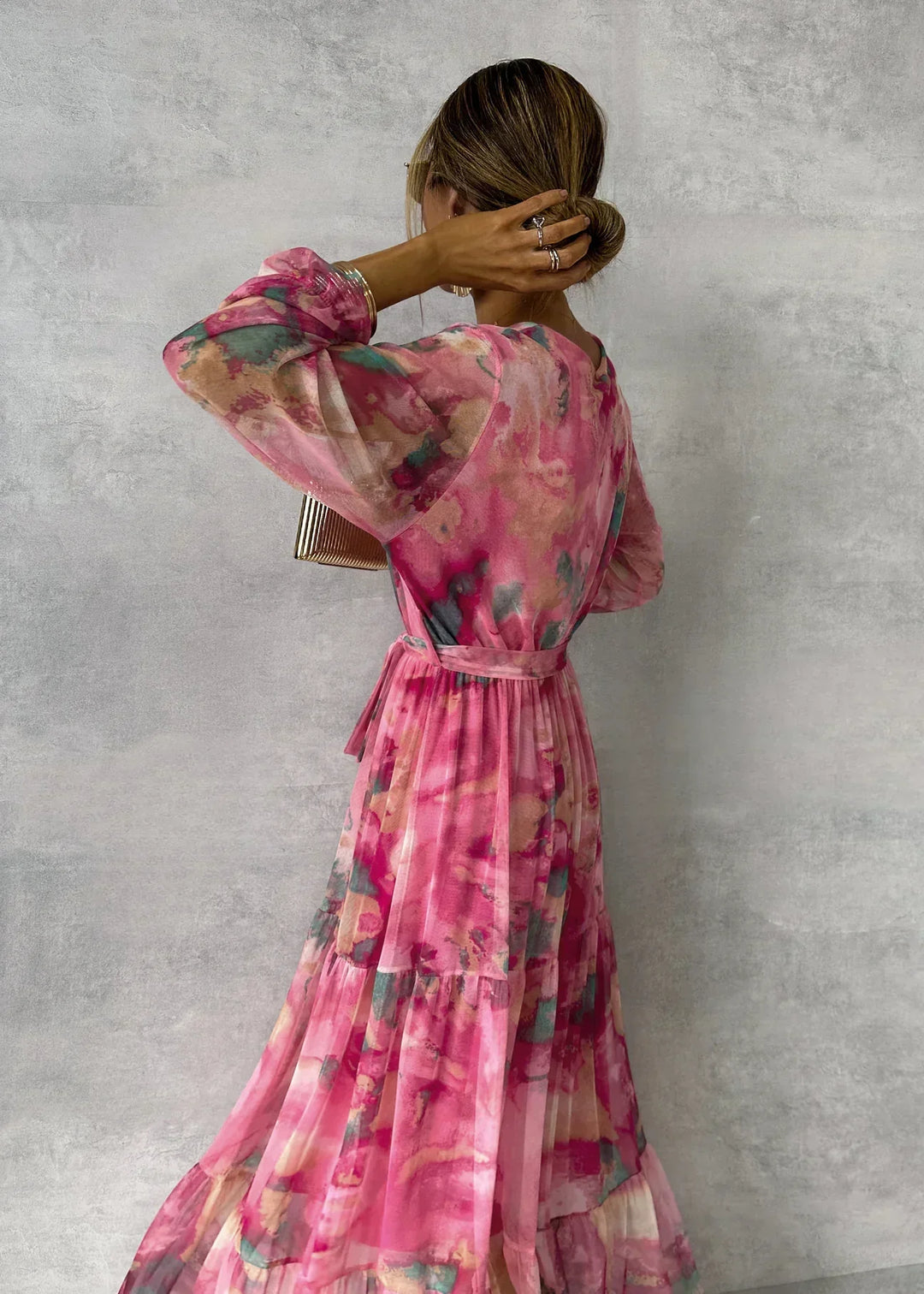 Sienna | Pink Floral Print Balloon Sleeve Pleated Maxi Dress