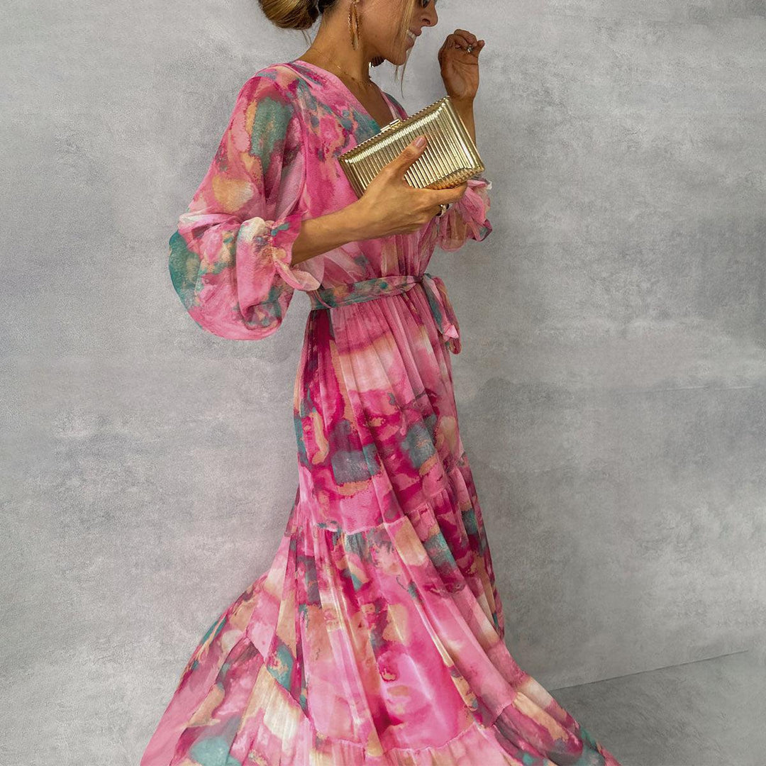 Sienna | Pink Floral Print Balloon Sleeve Pleated Maxi Dress