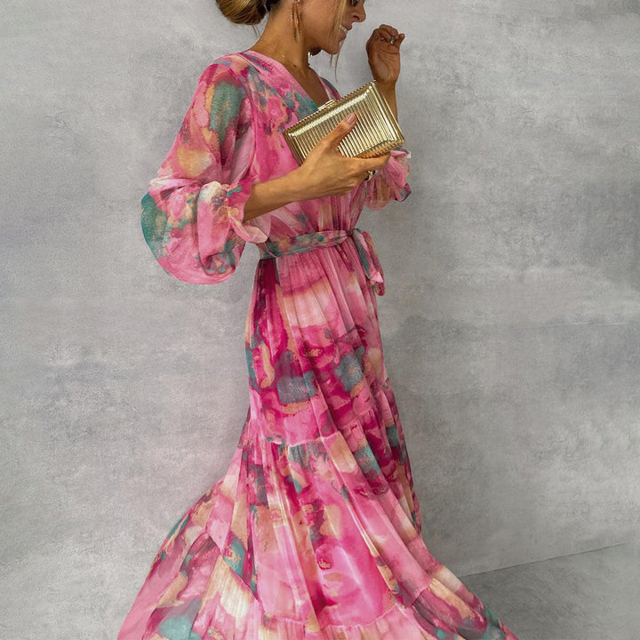 Sienna | Pink Floral Print Balloon Sleeve Pleated Maxi Dress