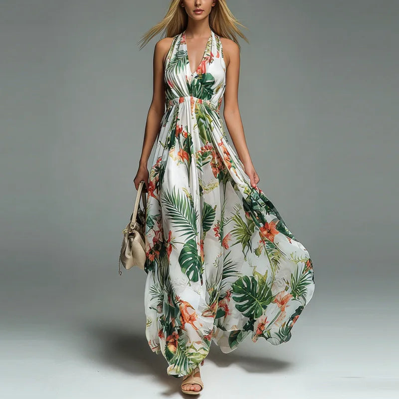 Willa | Tropical Floral Halter Plunge Neck Open Back Maxi Dress