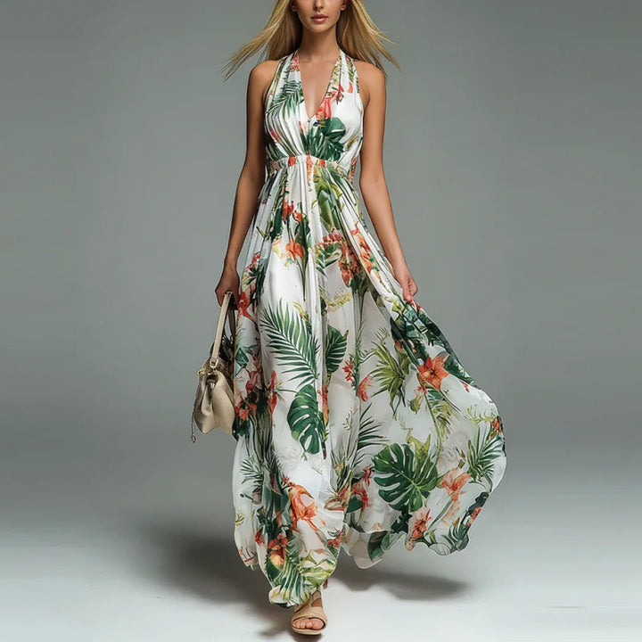 Willa | Tropical Floral Halter Plunge Neck Open Back Maxi Dress