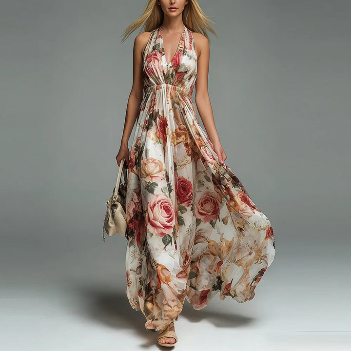 Willa | Tropical Floral Halter Plunge Neck Open Back Maxi Dress