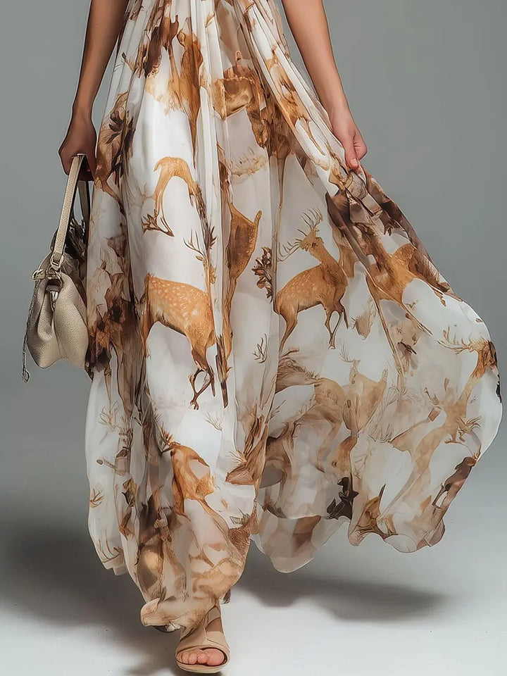 Willa | Tropical Floral Halter Plunge Neck Open Back Maxi Dress