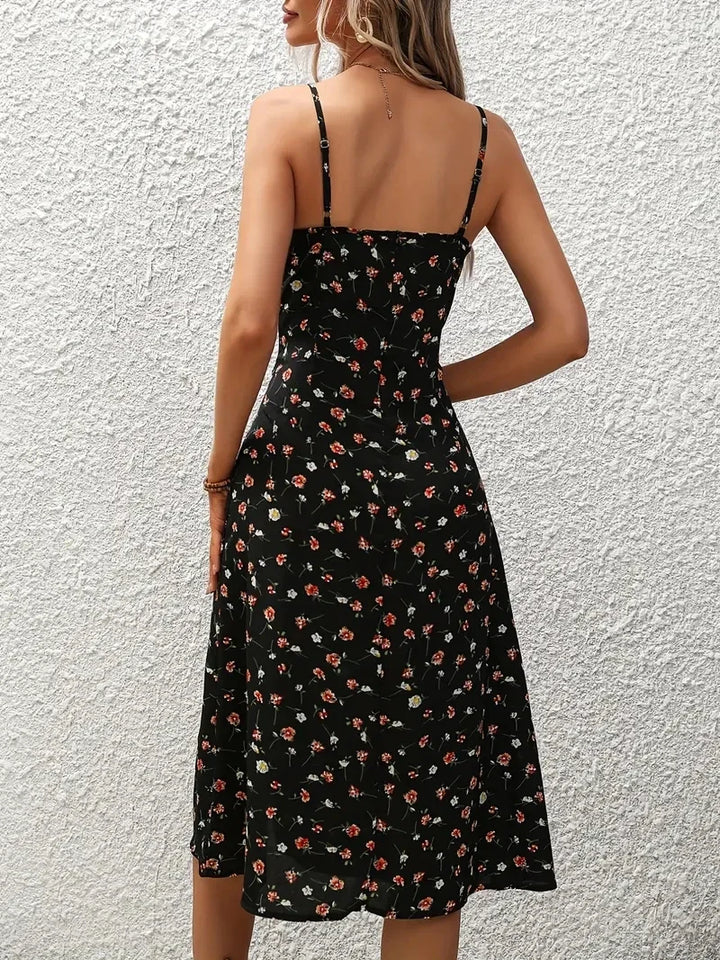 June | Floral Print Spaghetti Strap Ruched Bust Slit Midi Dress