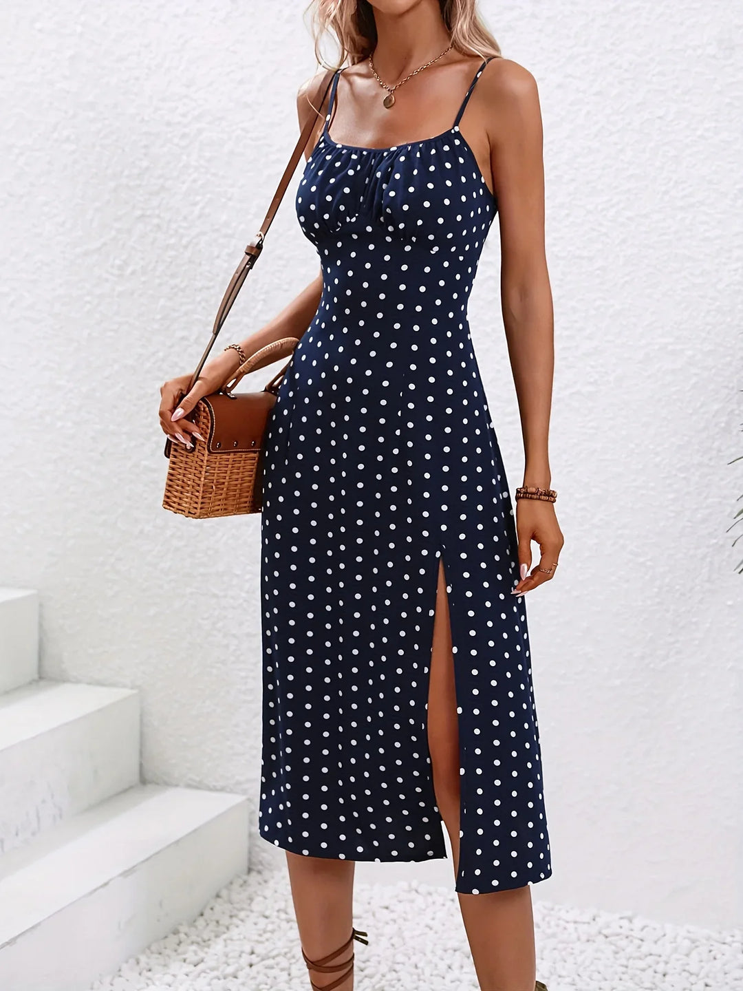 June | Floral Print Spaghetti Strap Ruched Bust Slit Midi Dress