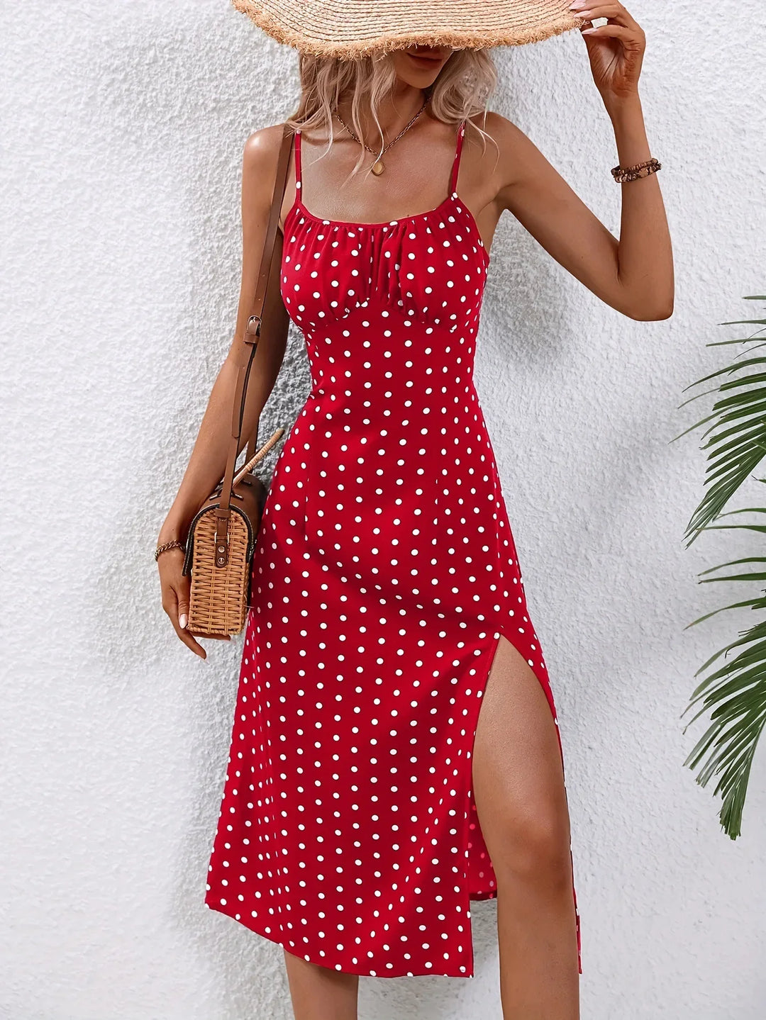 June | Floral Print Spaghetti Strap Ruched Bust Slit Midi Dress