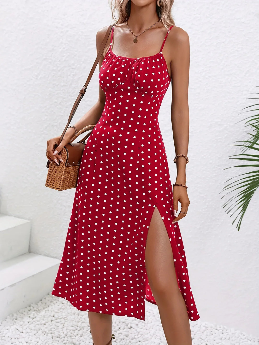 June | Floral Print Spaghetti Strap Ruched Bust Slit Midi Dress