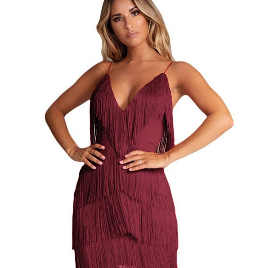 Gabrielle | Tiered Fringe V Neck Spaghetti Strap Mini Dress