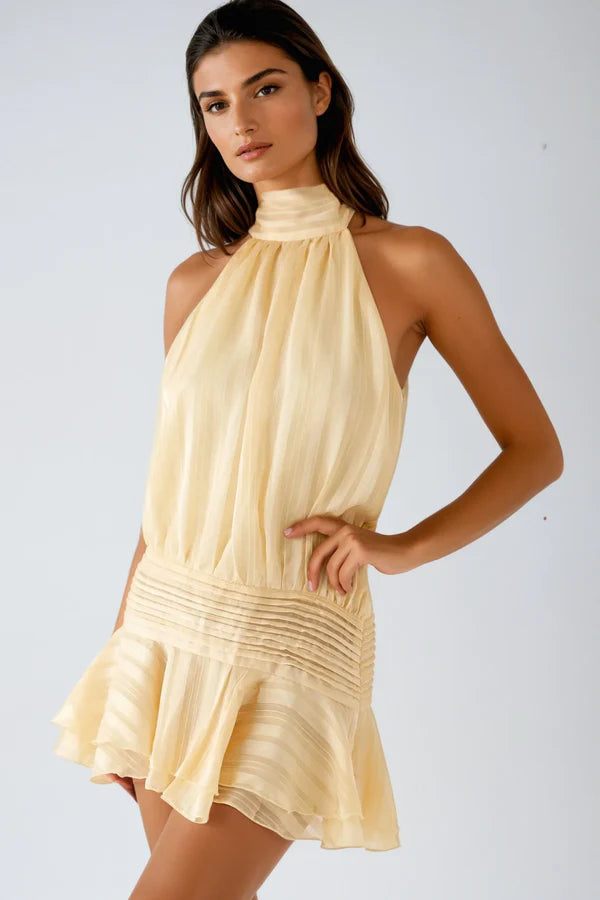 Blair | Chiffon Halter Neck Tie Back Ruffle Hem Mini Dress