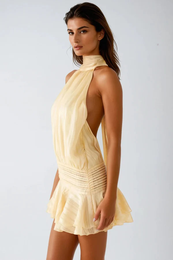 Blair | Chiffon Halter Neck Tie Back Ruffle Hem Mini Dress