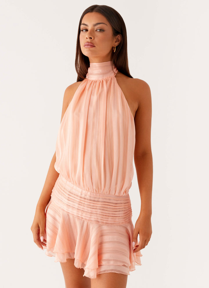 Blair | Chiffon Halter Neck Tie Back Ruffle Hem Mini Dress