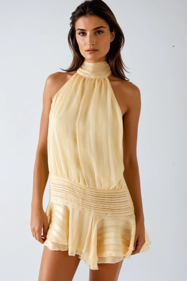 Blair | Chiffon Halter Neck Tie Back Ruffle Hem Mini Dress